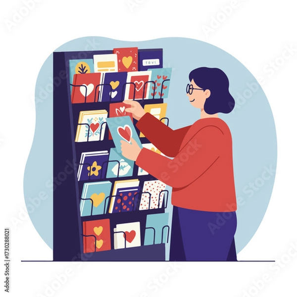 Fototapeta Woman selects heart-themed card from full display rack in light pastel colors