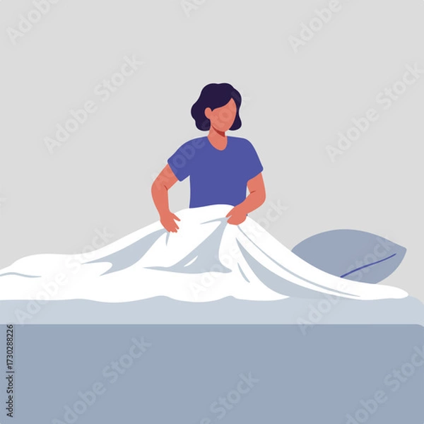 Fototapeta Figure sits up in bed pulling up a white sheet on blue frame/pillow