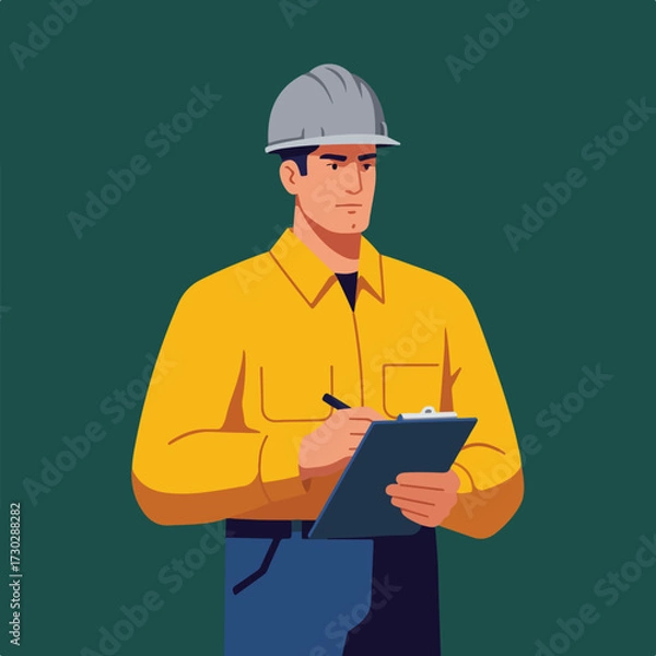 Fototapeta Worker with hardhat writes on clipboard