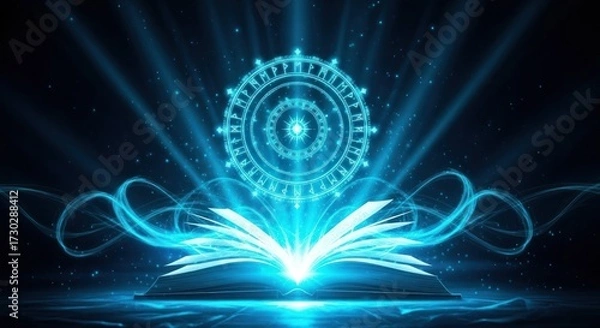 Obraz Enchanted Open Book with Radiant Blue Magic, a Cosmic Rune Circle, and Glowing Energy against a Starry Sky, embodying Ancient Wisdom and Mystical Power