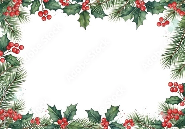 Fototapeta Watercolor Christmas and Winter Holiday Frame with Holly, Red Berries, and Pine Branches on White Background with Copy Space, Festive Seasonal Border Illustration