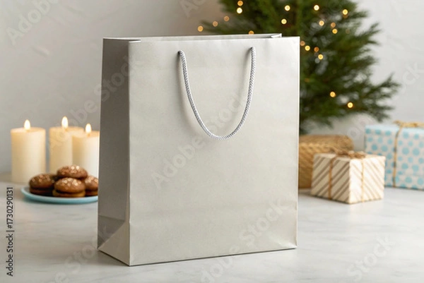 Fototapeta Empty Glossy Paper Shopping Bag Mockup with Rope Handle