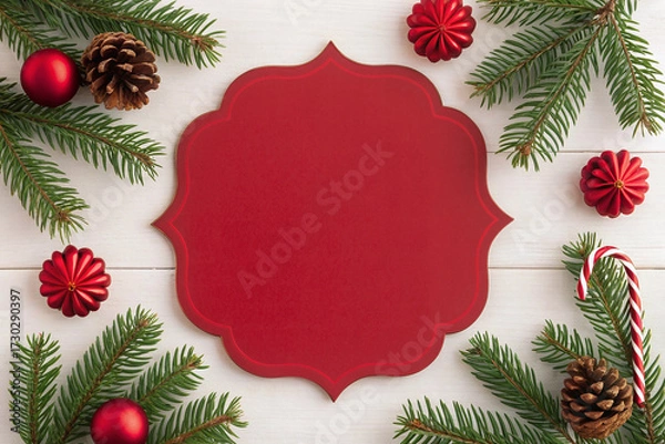 Fototapeta Holiday Card Mockup with Blank Copy Space, Candy Cane and Pine Cones