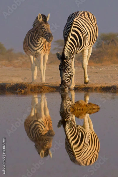 Fototapeta Plains Zebra - Equus quagga formerly Equus burchellii, also common zebra, most common and widespread species of zebra, black and white stripes in savannah, herd at waterhole drinking