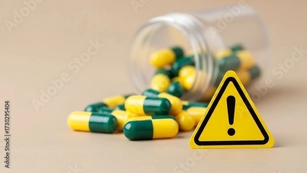 Obraz A triangular warning sign beside a spilled bottle of yellow and green medicinal capsules, illustrating pharmaceutical hazards and drug safety