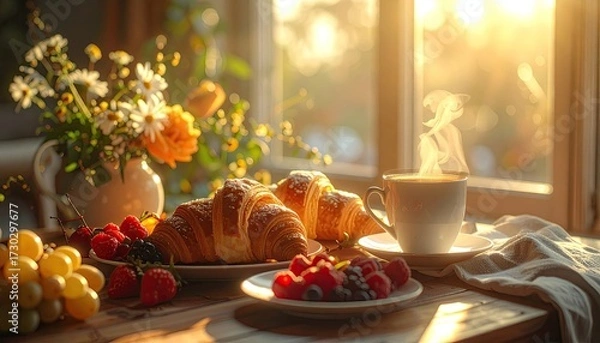 Fototapeta Warm Sunny Breakfast Still Life With Croissants Coffee and Flowers by the Window with Soft Golden Light and Fruits on Rustic Wooden Table