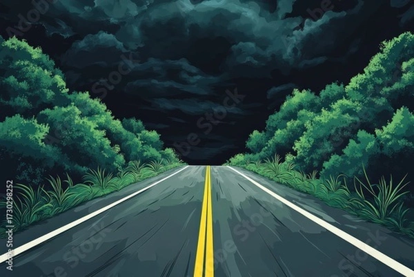 Fototapeta Road to Nowhere: A journey through darkness, lined with lush greenery.