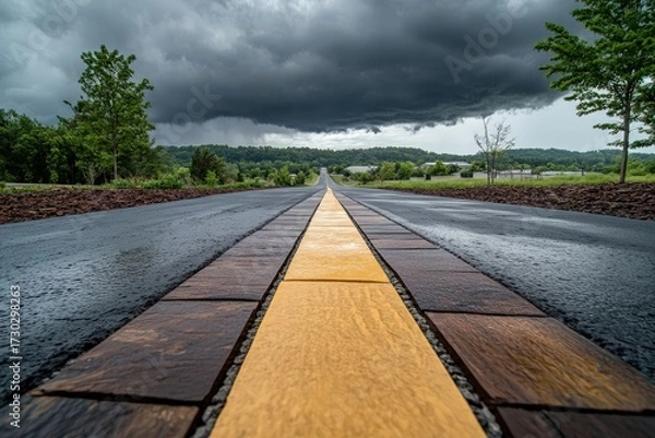 Fototapeta Stormy skies over an empty rural road marked with a striking yellow center line.