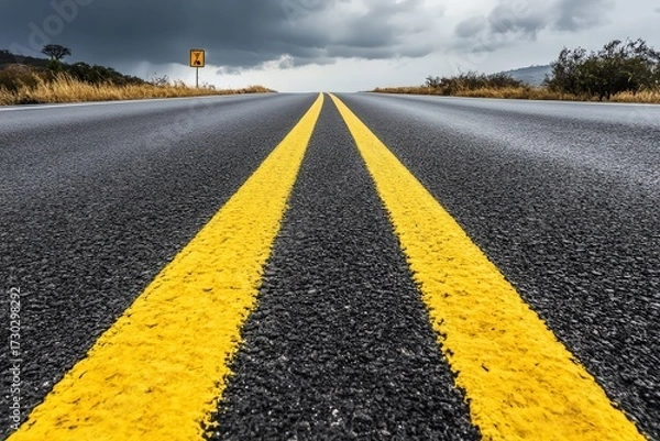 Fototapeta Road with double yellow lines stretches toward the horizon under a cloudy sky.