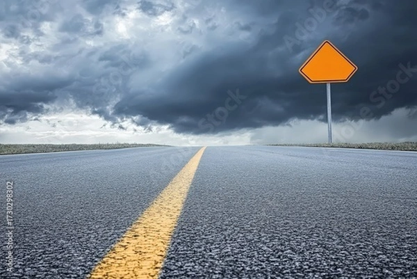 Fototapeta Road stretching into the distance under a dramatic sky with a warning sign.