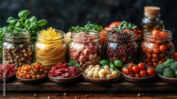 Fototapeta Assortment of preserved ingredients arranged in jars and bowls on wooden surface