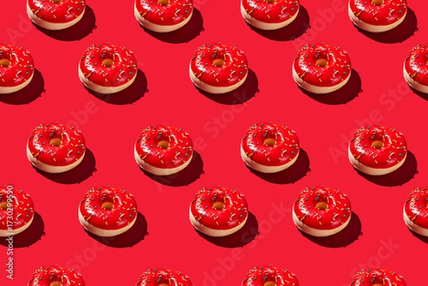 Fototapeta Overhead view of various donuts with confetti arranged on colored background