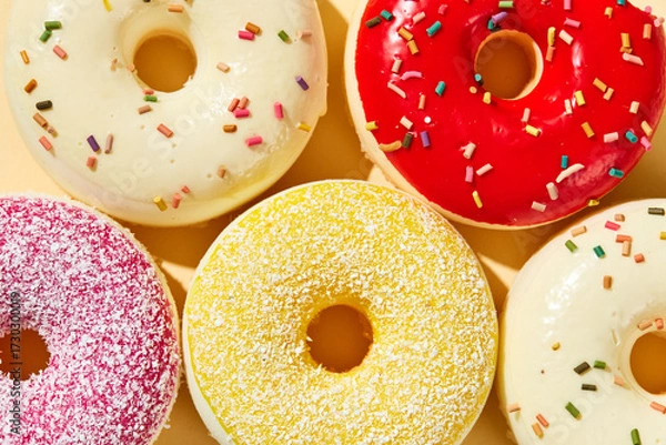 Fototapeta Overhead view of various donuts with confetti arranged on colored background