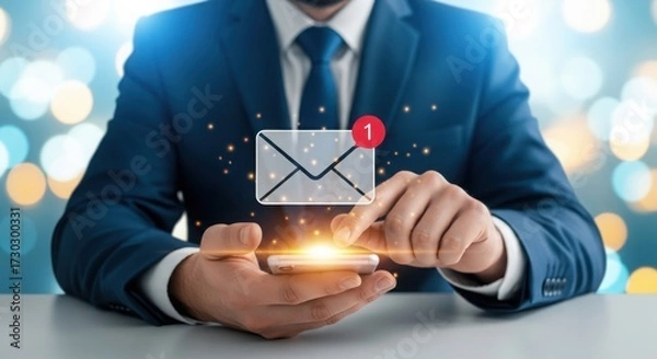 Fototapeta Email notification on mobile phone held by a businessman for communication