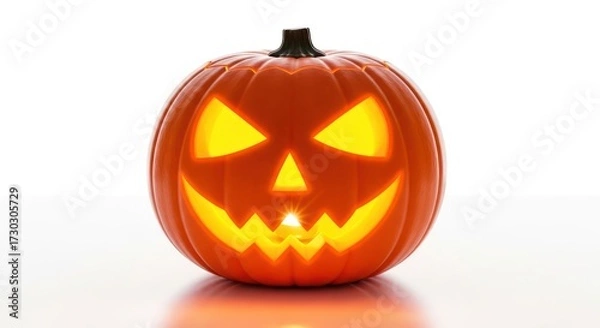 Fototapeta Glowing jack o'lantern with sinister grin isolated on white holiday backdrop with reflections