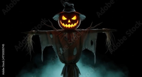 Fototapeta Eerie pumpkin-headed scarecrow with glowing eyes and dark hat stands guard in foggy twilight