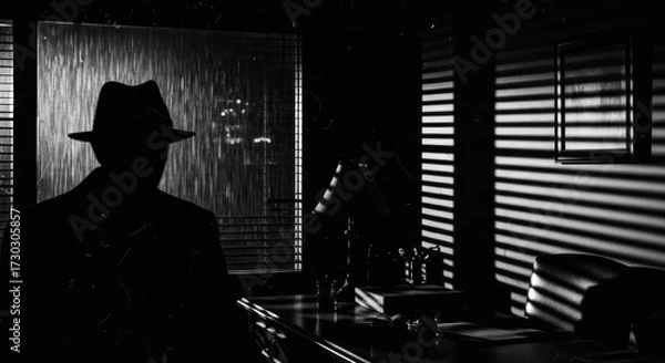 Fototapeta Mysterious silhouette of a person in a hat against a rainy noir cityscape backdrop indoors