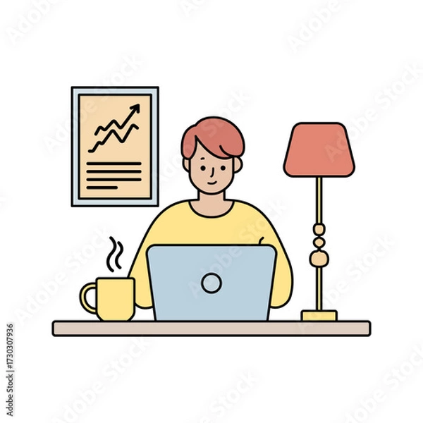 Fototapeta A person working from a desk on a laptop with a coffee mug and a growth chart on the wall, representing productivity and remote work.