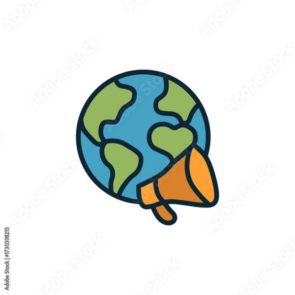 Fototapeta Earth globe icon paired with a megaphone or loudhailer, symbolizing global communication, worldwide marketing, or international announcements.