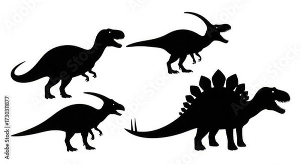 Fototapeta Dinosaur silhouette tyrannosaurus parasaurolophus stegosaurus prehistoric jurassic era reptiles extinct animals