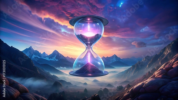 Fototapeta Surreal giant glowing hourglass floating above mountains mystical cosmic fantasy artwork  