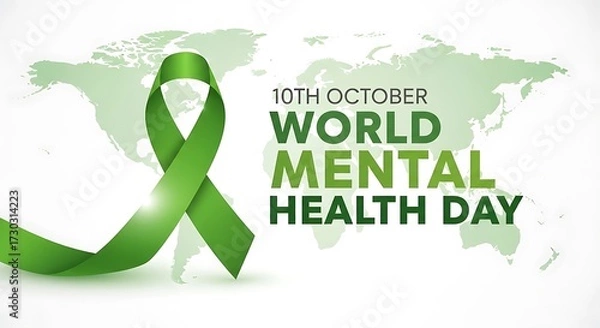 Fototapeta World mental health day graphic with a green ribbon and world map, promoting global mental health awareness on october 10th world mental health day background