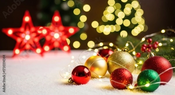 Obraz Christmas ornament holiday decoration festive red gold green glitter bokeh celebration joyful