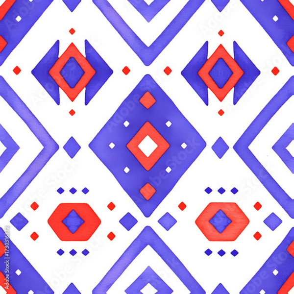 Fototapeta Seamless watercolor pattern with geometric shapes. Blue and red abstract background for fabric, paper, and nursery decor