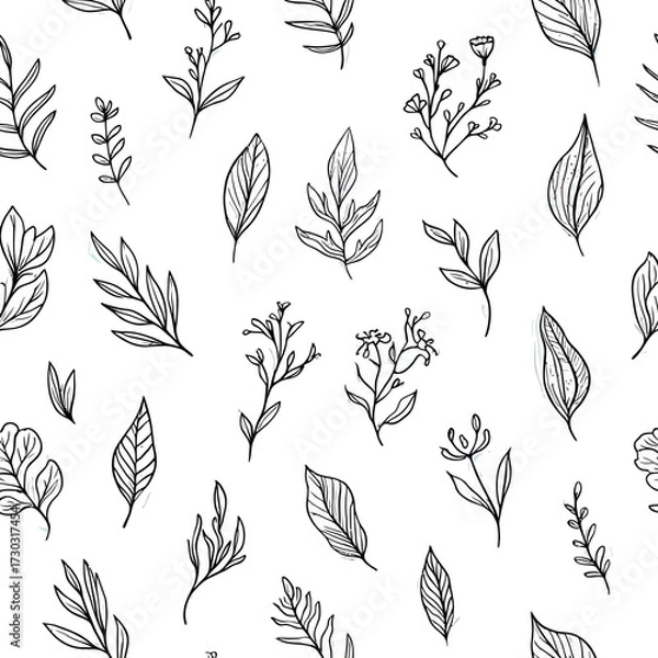 Fototapeta Seamless pattern of hand-drawn leaves and branches botanical vector illustration for textile design wallpaper and wrapping paper