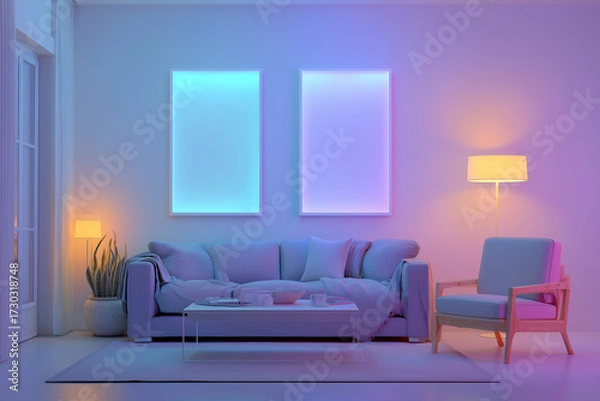Obraz Modern living room interior with colorful LED wall frames and cozy furniture creating a relaxing ambiance