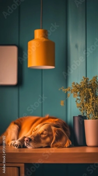 Fototapeta Cozy indoor scene featuring a sleeping dog resting on a wooden surface beneath a modern yellow pendant light and teal