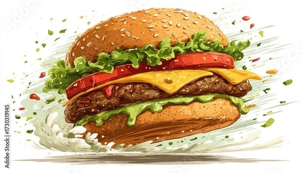 Obraz Delicious burger in motion, bursting with toppings
