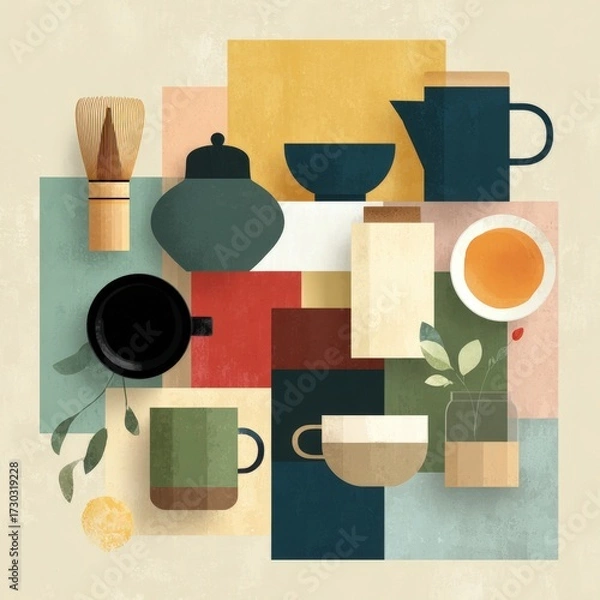 Fototapeta Abstract Still Life Composition featuring Ceramic Cups Bowls and Decorative Objects in Muted Earth Tones