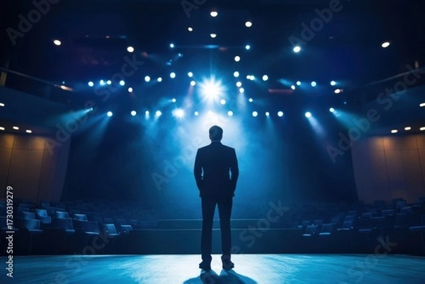 Fototapeta Silhouette of a Businessman Standing on an Empty Stage Under Bright Stage Lights in a Dark Auditorium