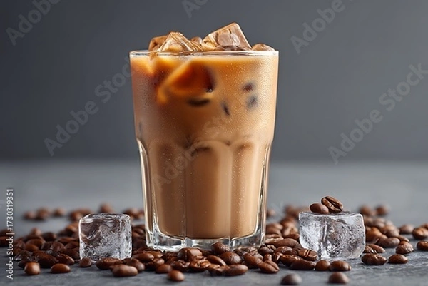 Fototapeta Refreshing iced coffee served with coffee beans on the side, creating a cool and energizing moment for coffee lovers.