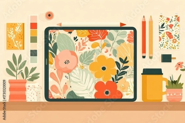 Fototapeta Flat Lay Illustration of Creative Workspace with Floral Art, Drawing Tools, Potted Plants, and Bright Color Palette