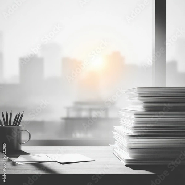 Fototapeta Bright Office Desk with Pile of Documents, Notebook, Cup of Pencils and Blurred City Skyline through Window