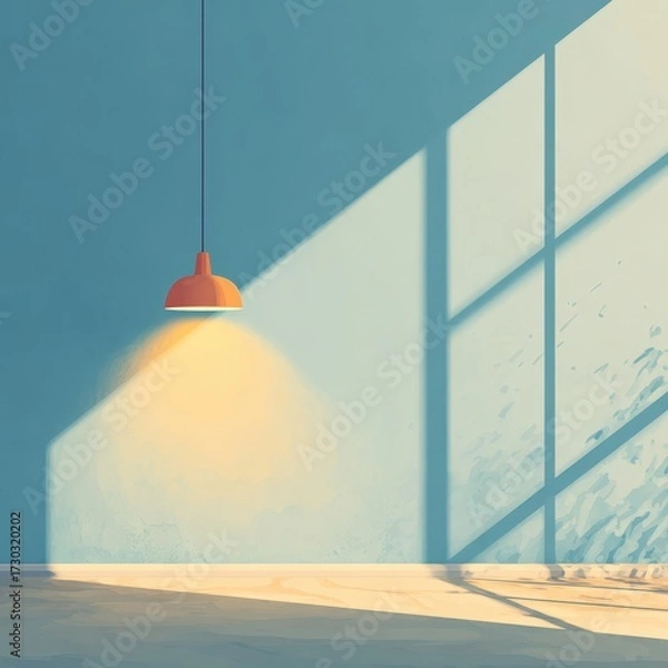 Fototapeta Modern minimalist interior with warm pendant light and large window casting geometric shadows on vibrant blue wall