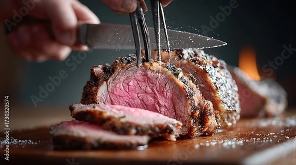 Obraz Slicing a juicy roast beef, capturing the tenderness of the meat and the flavorful juices that escape as the knife cuts through.
