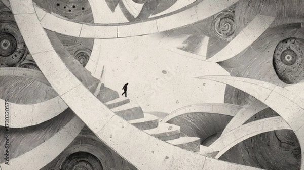 Fototapeta Minimalist black and white architectural interior with spiral stairs and abstract design elements, featuring a solitary