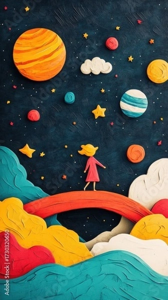 Fototapeta Colorful Paper Craft of a Girl Standing on a Bridge Under a Starry Night Sky with Planets Clouds and Stars