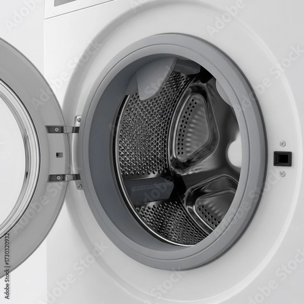 Fototapeta A close up of a white washing machine with the door open showing the stainless steel drum interior