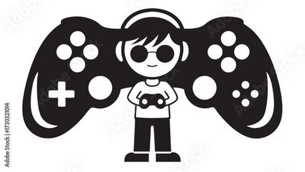 Fototapeta Cartoon gamer with headphones and glasses holding a controller with a large game controller behind him