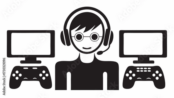 Fototapeta Illustration of a gamer with headset and microphone between two monitors and game controllers setup
