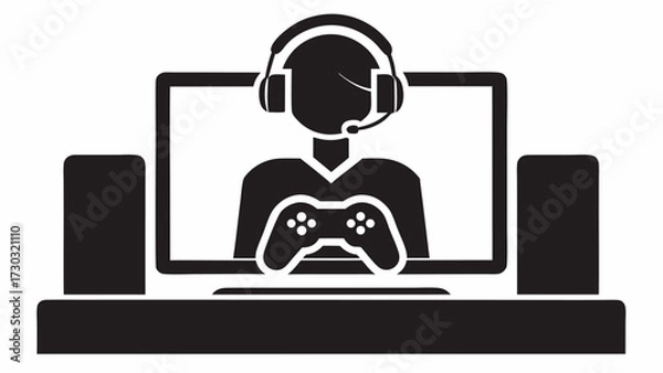 Fototapeta Illustration of a gamer with headset holding a controller in front of a computer with speakers on a desk