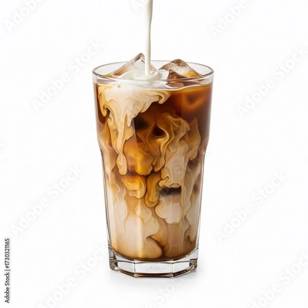 Fototapeta Iced coffee in a tall glass with milk being poured in against a plain white background studio shot