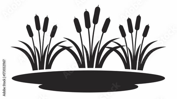 Fototapeta Black silhouette of cattails with leaves reflected in water on a white background illustration image