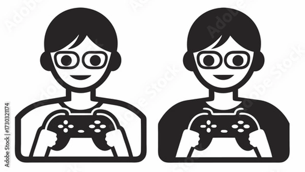 Fototapeta Illustration of two gamers with glasses holding game controllers in a simple black and white style
