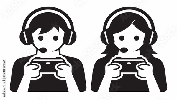 Fototapeta Illustration of two gamers with headsets holding controllers in a black and white graphic style