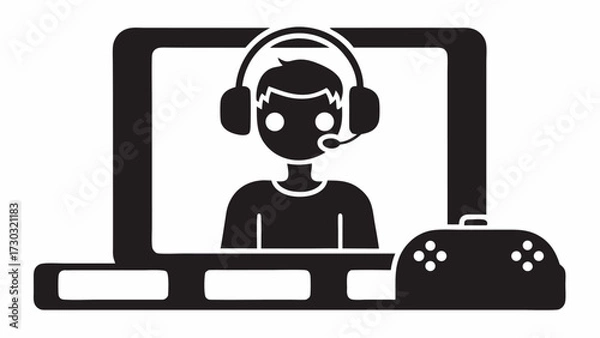Fototapeta A gamer with headphones on a laptop screen with a game controller in front of the screen in black and white